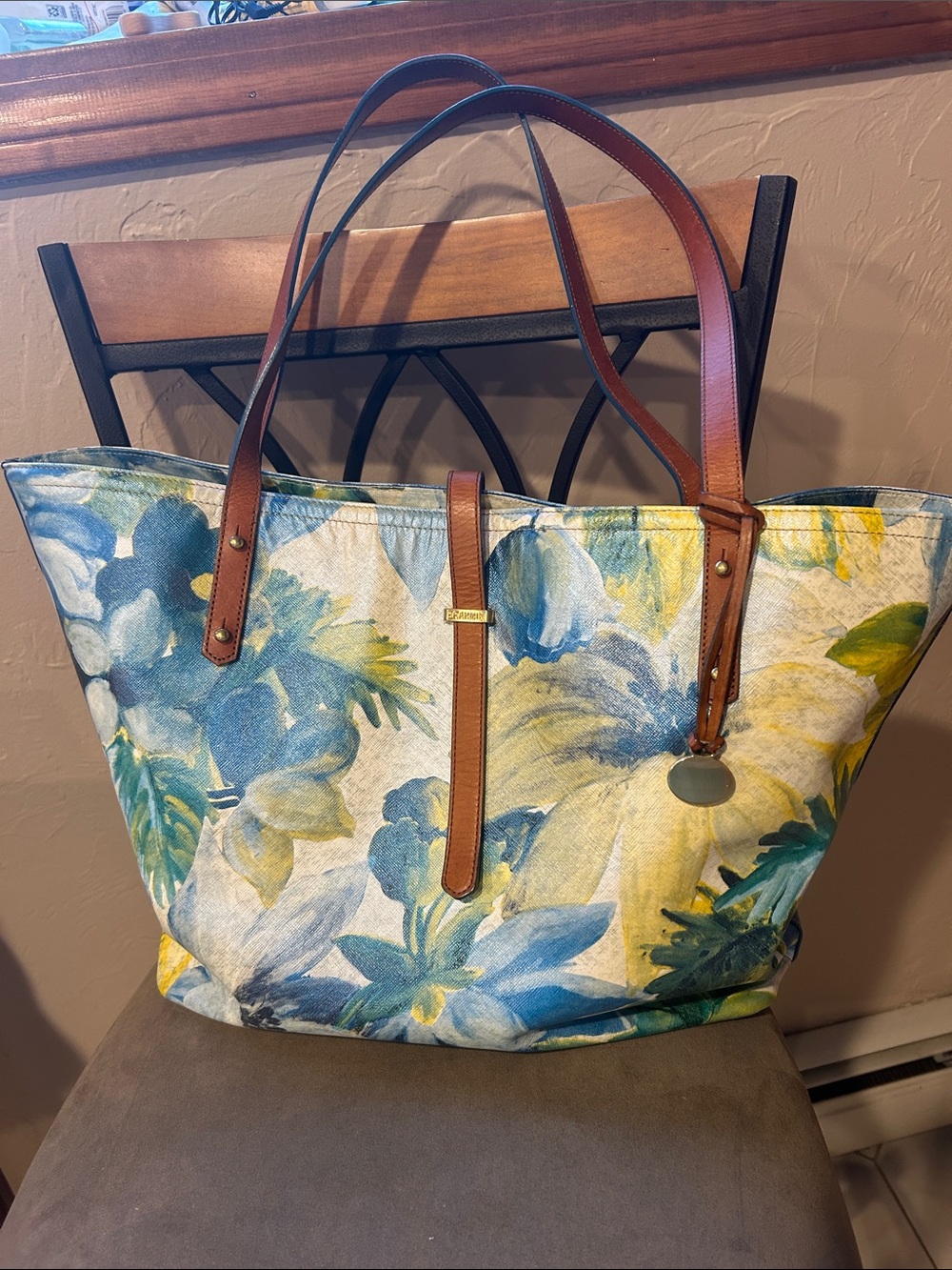 Brahmin Floral Canvas Tote w Brown Leather Straps, & checkbook wallet, 20x13